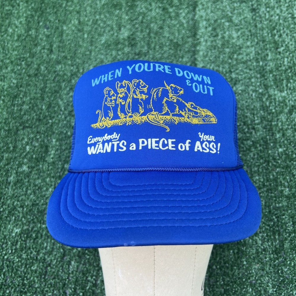 VTG Everybody Wants a Piece Your Ass Trucker Hat Rats‎ Funny  *Cracked Brim 80s